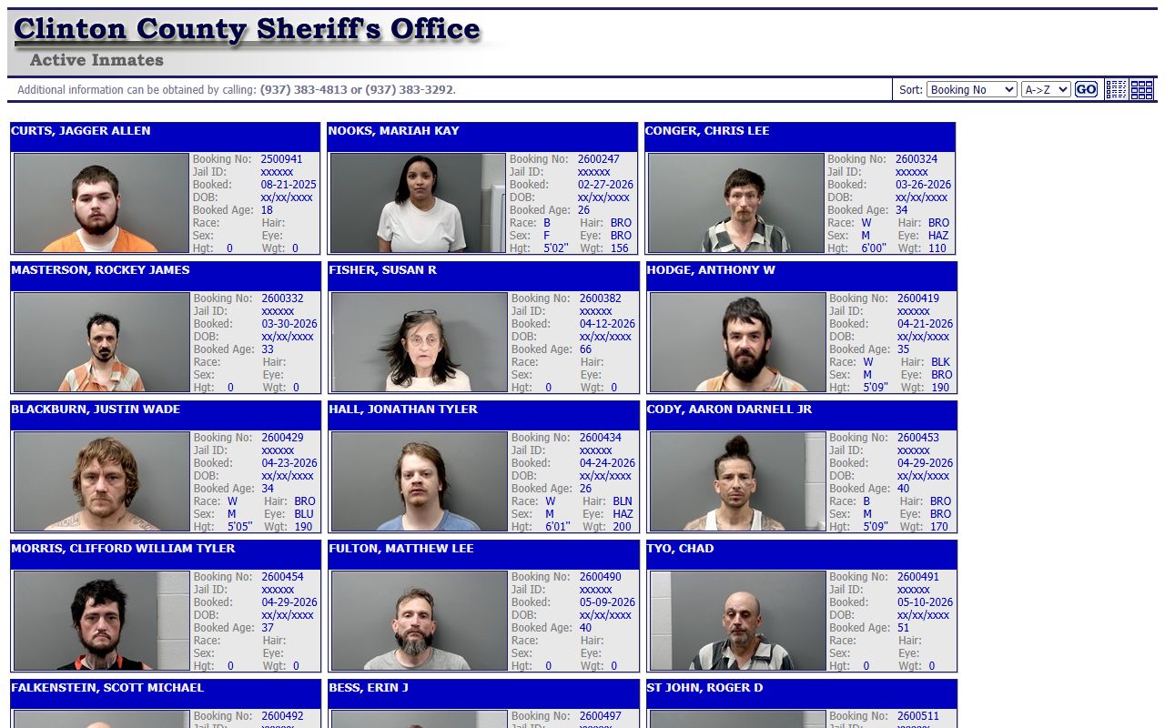 Clinton County Active Inmates thumbnail view showing booking photos and roster cards