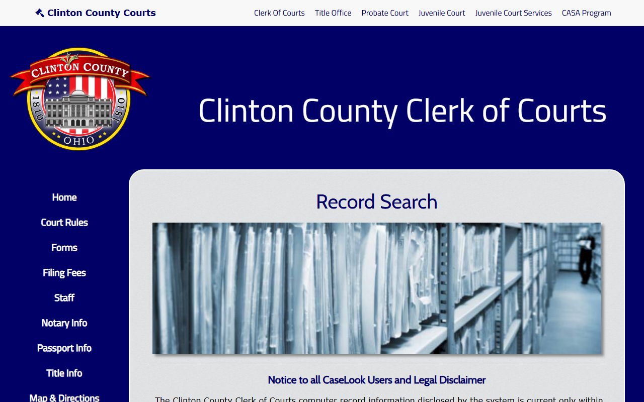 Clinton County Clerk of Courts CaseLook disclaimer page