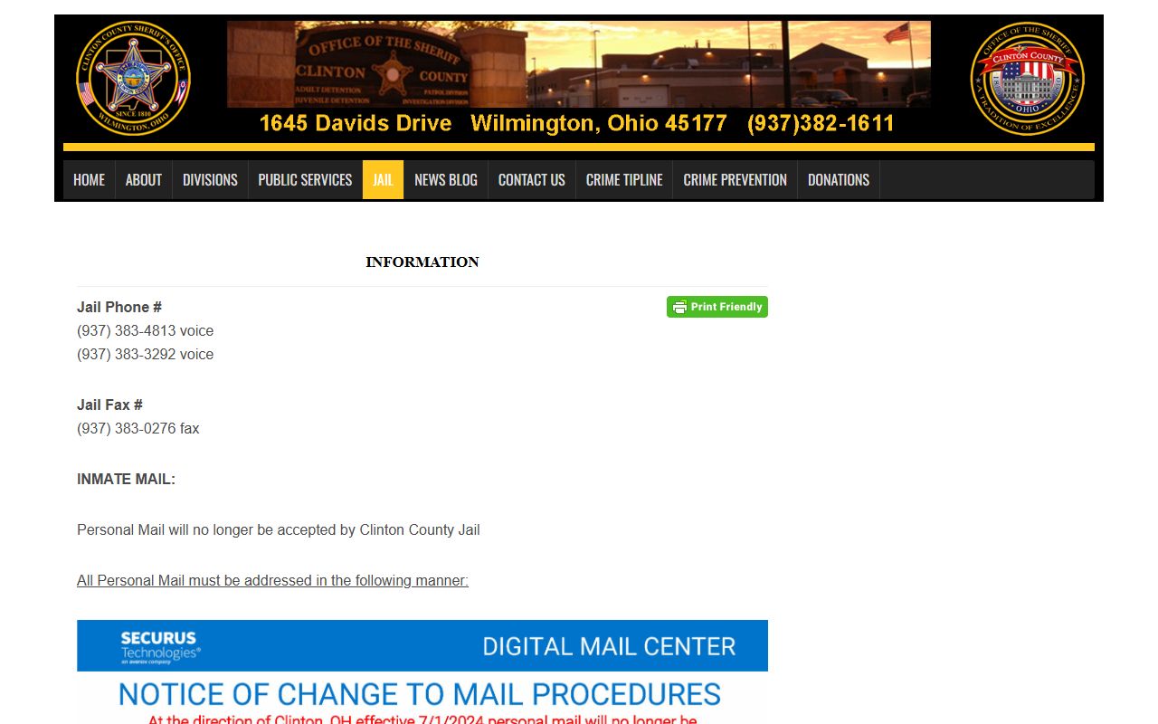 Clinton County Sheriff's jail information page with visitation and mail details