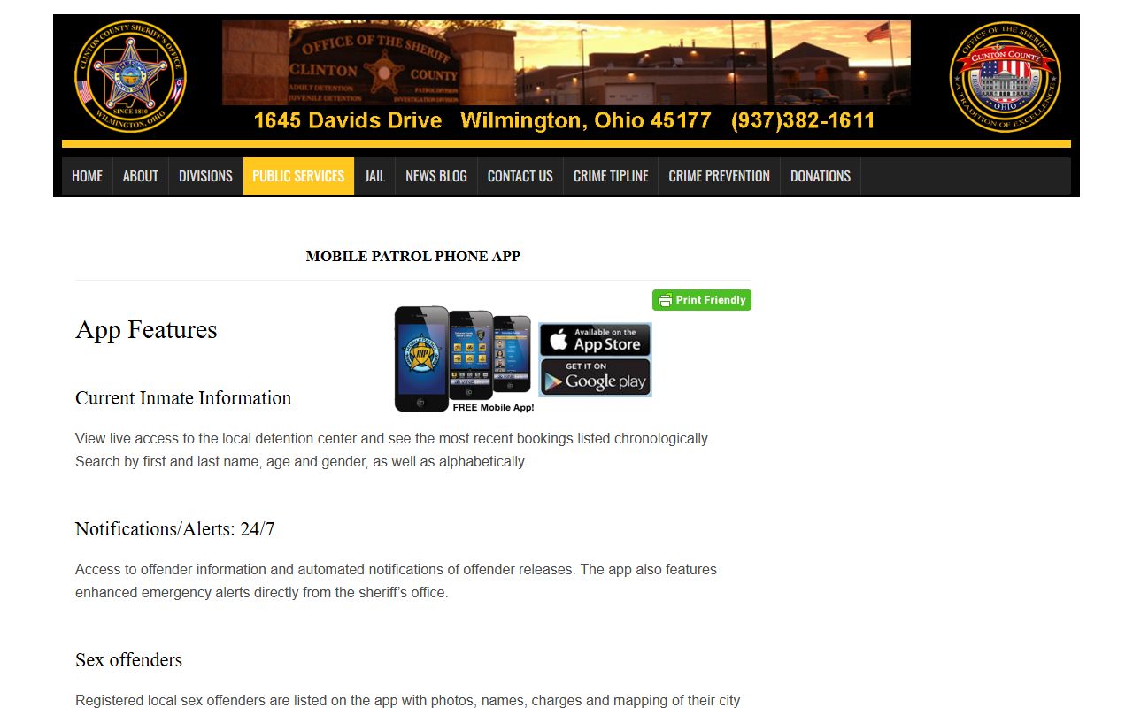 Clinton County Mobile Patrol inmate search app page