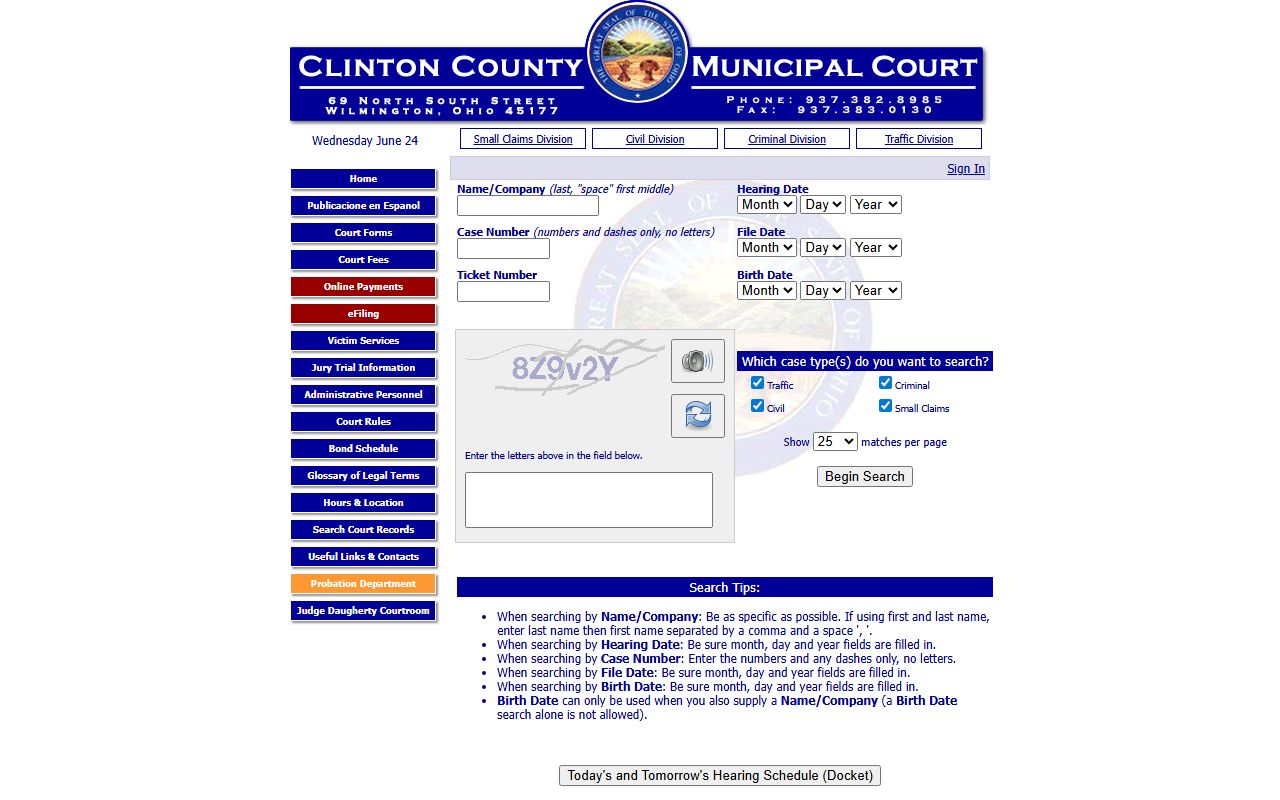 Clinton County Municipal Court record search form with case fields and CAPTCHA